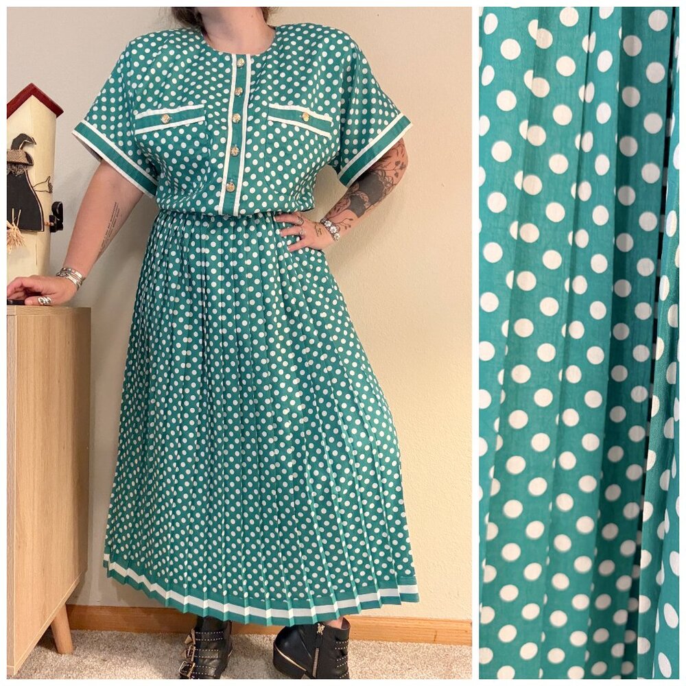 Vintage 80s Secretary Leslie Fay Green Polka Dot Pleated Dress Elastic Waist XL